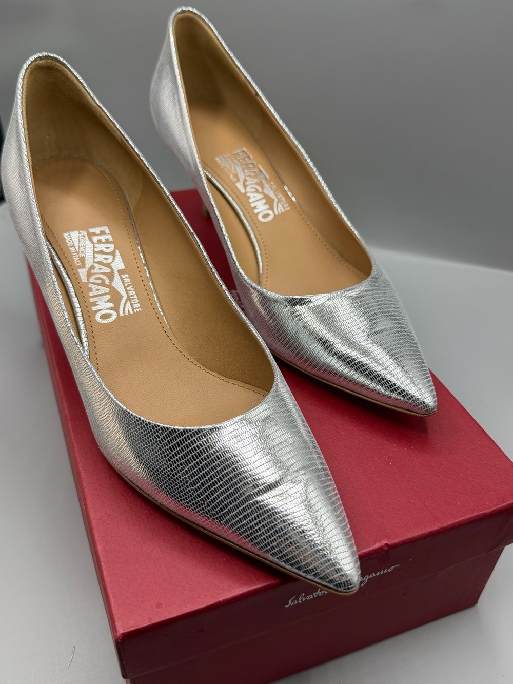 Salvatore Ferragamo Metallic Silver Pointed-Toe Pumps